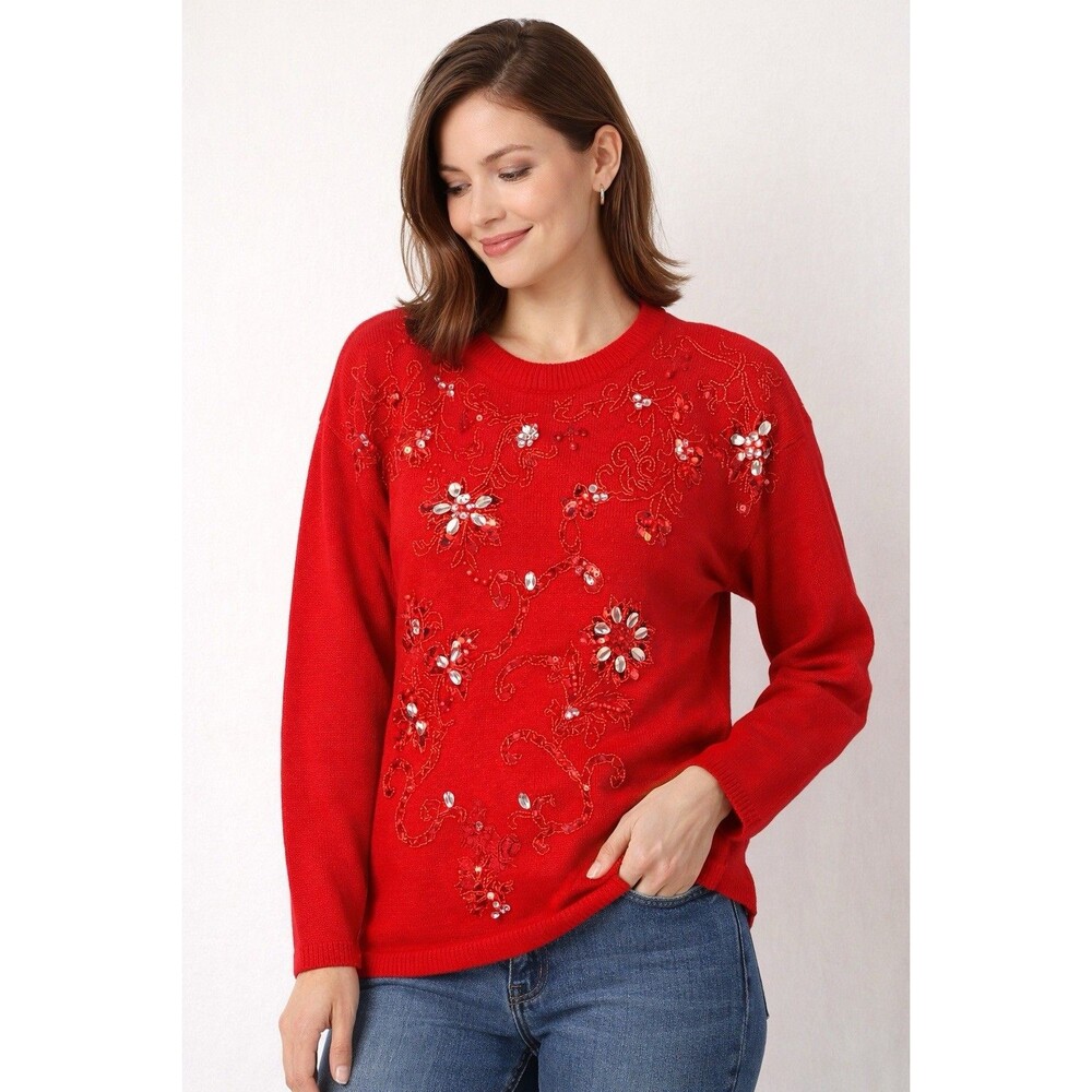 Victoria Harbour Red Embellished Sweater Womens M Holiday Floral